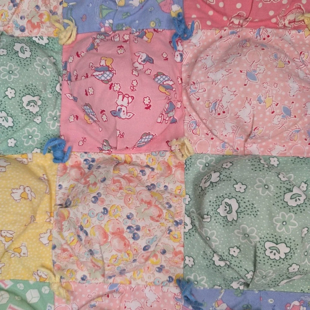 Vintage Handmade Pastel Floral Puff Biscuit Baby Quilt Patchwork Cottagecore